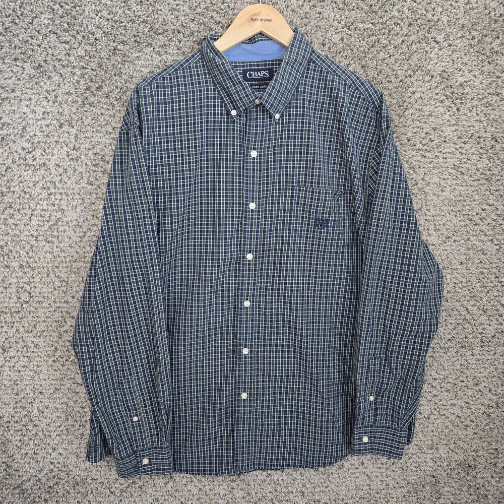 Chaps Shirt Mens XXL 2XL Blue Green Button Down Easy Care Long Sleeve Casual